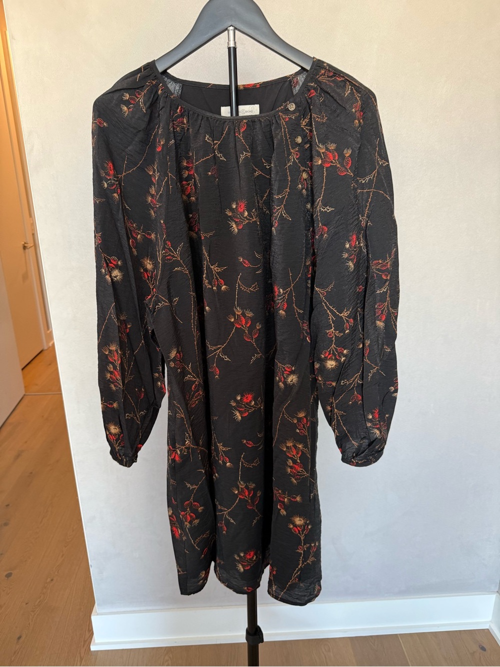 Treasure & Bond Black Dress with Red and Gold Floral Design